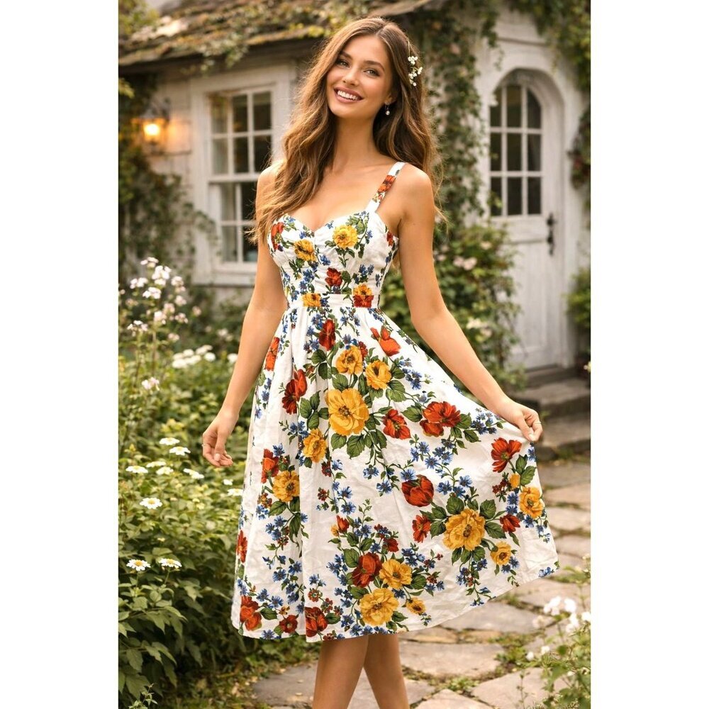 Floral Cottagecore Midi Dress Linen‎ Smocked Romantic Fairy Garden Party Sz 2